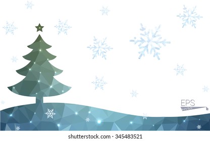 Blue, green postcard low polygon style christmas tree vector illustration consisting of triangles. Abstract polygonal origami or crystal design of New Years celebration. Isolated on white background.