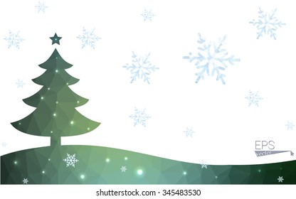 Blue, green postcard low polygon style christmas tree vector illustration consisting of triangles. Abstract polygonal origami or crystal design of New Years celebration. Isolated on white background.