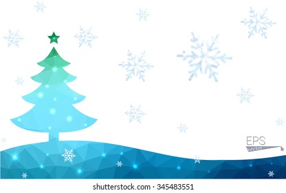 Blue, green postcard low polygon style christmas tree vector illustration consisting of triangles. Abstract polygonal origami or crystal design of New Years celebration. Isolated on white background.