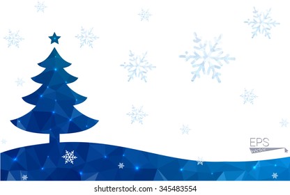 Blue, Green Postcard Low Polygon Style Christmas Tree Vector Illustration Consisting Of Triangles. Abstract Polygonal Origami Or Crystal Design Of New Years Celebration. Isolated On White Background.