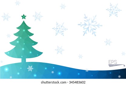 Blue, green postcard low polygon style christmas tree vector illustration consisting of triangles. Abstract polygonal origami or crystal design of New Years celebration. Isolated on white background.