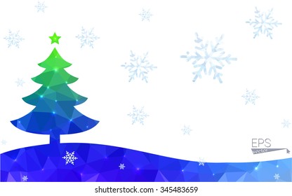Blue, green postcard low polygon style christmas tree vector illustration consisting of triangles. Abstract polygonal origami or crystal design of New Years celebration. Isolated on white background.
