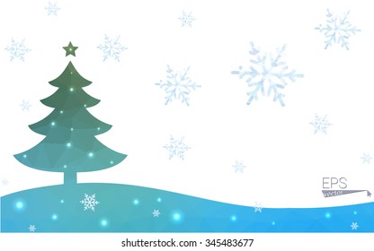 Blue, green postcard low polygon style christmas tree vector illustration consisting of triangles. Abstract polygonal origami or crystal design of New Years celebration. Isolated on white background.