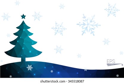 Blue, green postcard low polygon style christmas tree vector illustration consisting of triangles. Abstract polygonal origami or crystal design of New Years celebration. Isolated on white background.