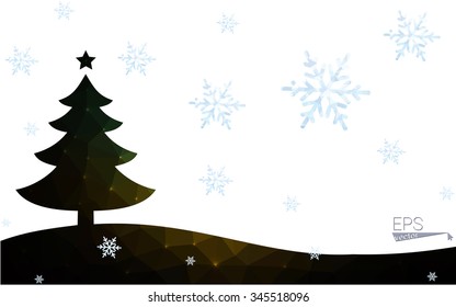Blue, green postcard low polygon style christmas tree vector illustration consisting of triangles. Abstract polygonal origami or crystal design of New Years celebration. Isolated on white background.