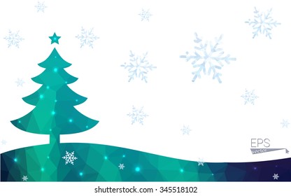 Blue, green postcard low polygon style christmas tree vector illustration consisting of triangles. Abstract polygonal origami or crystal design of New Years celebration. Isolated on white background.