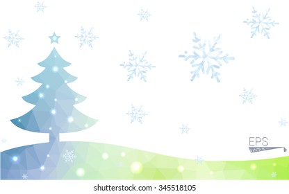 Blue, green postcard low polygon style christmas tree vector illustration consisting of triangles. Abstract polygonal origami or crystal design of New Years celebration. Isolated on white background.