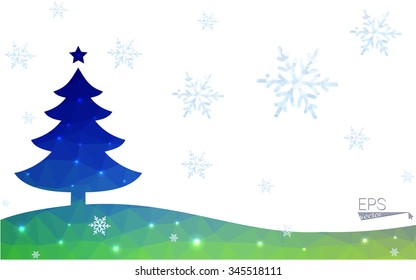 Blue, green postcard low polygon style christmas tree vector illustration consisting of triangles. Abstract polygonal origami or crystal design of New Years celebration. Isolated on white background.