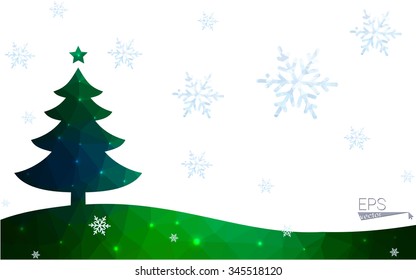 Blue, green postcard low polygon style christmas tree vector illustration consisting of triangles. Abstract polygonal origami or crystal design of New Years celebration. Isolated on white background.