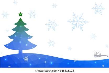 Blue, green postcard low polygon style christmas tree vector illustration consisting of triangles. Abstract polygonal origami or crystal design of New Years celebration. Isolated on white background.