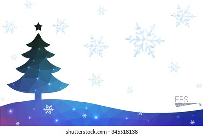 Blue, green postcard low polygon style christmas tree vector illustration consisting of triangles. Abstract polygonal origami or crystal design of New Years celebration. Isolated on white background.