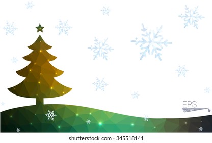 Blue, green postcard low polygon style christmas tree vector illustration consisting of triangles. Abstract polygonal origami or crystal design of New Years celebration. Isolated on white background.