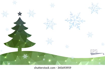 Blue, green postcard low polygon style christmas tree vector illustration consisting of triangles. Abstract polygonal origami or crystal design of New Years celebration. Isolated on white background.