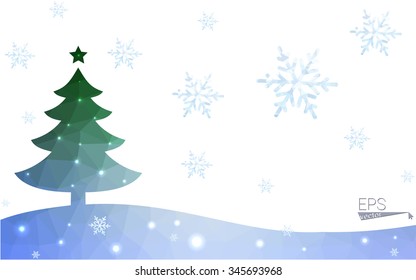 Blue, green postcard low polygon style christmas tree vector illustration consisting of triangles. Abstract polygonal origami or crystal design of New Years celebration. Isolated on white background.