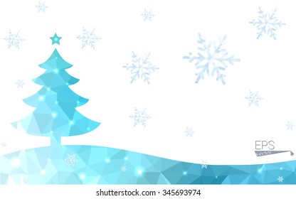 Blue, green postcard low polygon style christmas tree vector illustration consisting of triangles. Abstract polygonal origami or crystal design of New Years celebration. Isolated on white background.
