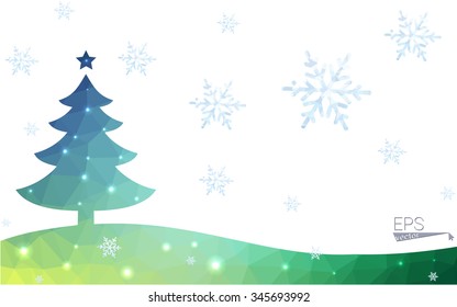 Blue, green postcard low polygon style christmas tree vector illustration consisting of triangles. Abstract polygonal origami or crystal design of New Years celebration. Isolated on white background.