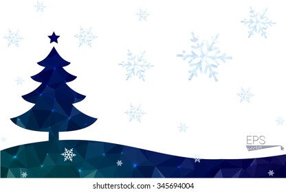 Blue, green postcard low polygon style christmas tree vector illustration consisting of triangles. Abstract polygonal origami or crystal design of New Years celebration. Isolated on white background.