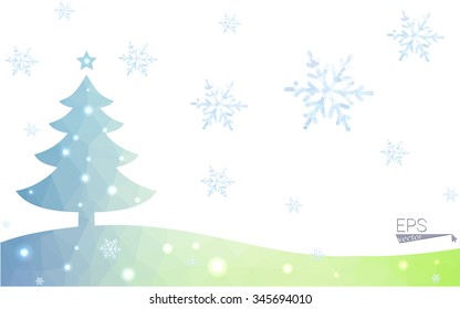 Blue, green postcard low polygon style christmas tree vector illustration consisting of triangles. Abstract polygonal origami or crystal design of New Years celebration. Isolated on white background.