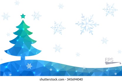 Blue, green postcard low polygon style christmas tree vector illustration consisting of triangles. Abstract polygonal origami or crystal design of New Years celebration. Isolated on white background.