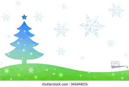 Blue, green postcard low polygon style christmas tree vector illustration consisting of triangles. Abstract polygonal origami or crystal design of New Years celebration. Isolated on white background.