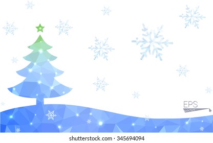 Blue, green postcard low polygon style christmas tree vector illustration consisting of triangles. Abstract polygonal origami or crystal design of New Years celebration. Isolated on white background.