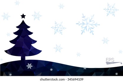 Blue, green postcard low polygon style christmas tree vector illustration consisting of triangles. Abstract polygonal origami or crystal design of New Years celebration. Isolated on white background.