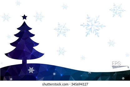 Blue, green postcard low polygon style christmas tree vector illustration consisting of triangles. Abstract polygonal origami or crystal design of New Years celebration. Isolated on white background.