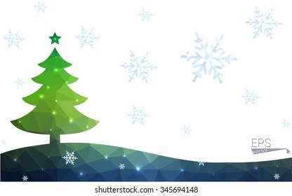 Blue, green postcard low polygon style christmas tree vector illustration consisting of triangles. Abstract polygonal origami or crystal design of New Years celebration. Isolated on white background.