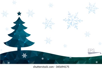 Blue, green postcard low polygon style christmas tree vector illustration consisting of triangles. Abstract polygonal origami or crystal design of New Years celebration. Isolated on white background.