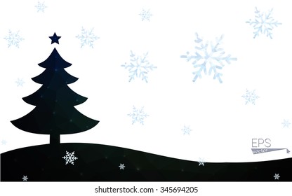 Blue, green postcard low polygon style christmas tree vector illustration consisting of triangles. Abstract polygonal origami or crystal design of New Years celebration. Isolated on white background.