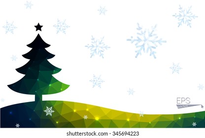 Blue, green postcard low polygon style christmas tree vector illustration consisting of triangles. Abstract polygonal origami or crystal design of New Years celebration. Isolated on white background.