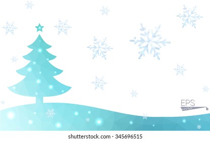 Blue, green postcard low polygon style christmas tree vector illustration consisting of triangles. Abstract polygonal origami or crystal design of New Years celebration. Isolated on white background.