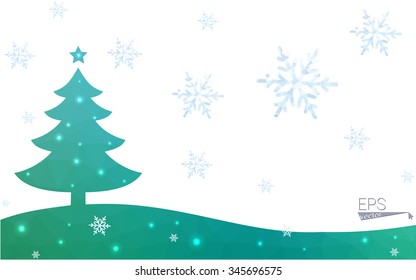 Blue, green postcard low polygon style christmas tree vector illustration consisting of triangles. Abstract polygonal origami or crystal design of New Years celebration. Isolated on white background.