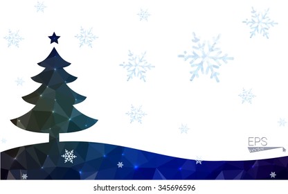 Blue, green postcard low polygon style christmas tree vector illustration consisting of triangles. Abstract polygonal origami or crystal design of New Years celebration. Isolated on white background.