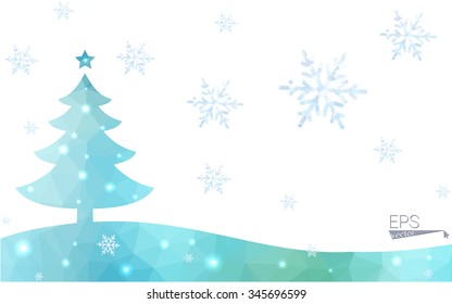 Blue, green postcard low polygon style christmas tree vector illustration consisting of triangles. Abstract polygonal origami or crystal design of New Years celebration. Isolated on white background.