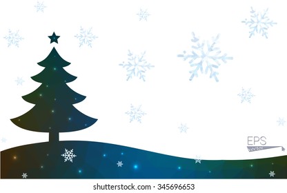 Blue, green postcard low polygon style christmas tree vector illustration consisting of triangles. Abstract polygonal origami or crystal design of New Years celebration. Isolated on white background.