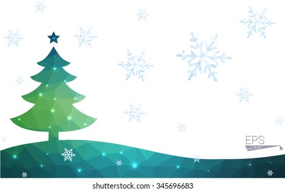 Blue, green postcard low polygon style christmas tree vector illustration consisting of triangles. Abstract polygonal origami or crystal design of New Years celebration. Isolated on white background.