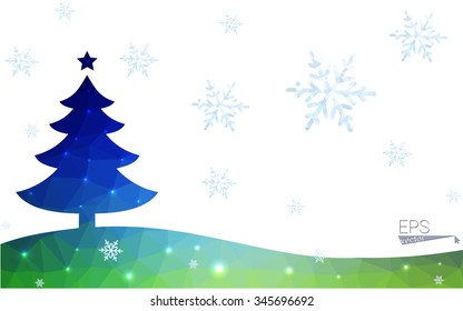 Blue, green postcard low polygon style christmas tree vector illustration consisting of triangles. Abstract polygonal origami or crystal design of New Years celebration. Isolated on white background.