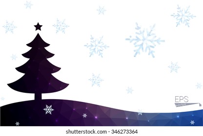 Blue, green postcard low polygon style christmas tree vector illustration consisting of triangles. Abstract polygonal origami or crystal design of New Years celebration. Isolated on white background.