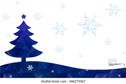 Blue, green postcard low polygon style christmas tree vector illustration consisting of triangles. Abstract polygonal origami or crystal design of New Years celebration. Isolated on white background.