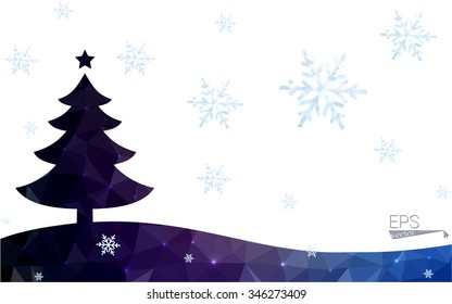 Blue, green postcard low polygon style christmas tree vector illustration consisting of triangles. Abstract polygonal origami or crystal design of New Years celebration. Isolated on white background.