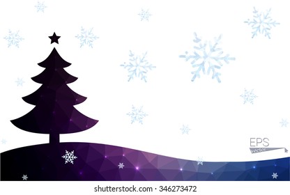 Blue, green postcard low polygon style christmas tree vector illustration consisting of triangles. Abstract polygonal origami or crystal design of New Years celebration. Isolated on white background.