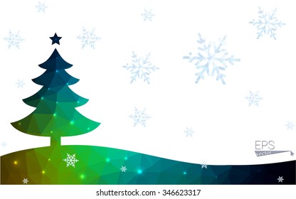 Blue, green postcard low polygon style christmas tree vector illustration consisting of triangles. Abstract polygonal origami or crystal design of New Years celebration. Isolated on white background.