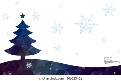 Blue, green postcard low polygon style christmas tree vector illustration consisting of triangles. Abstract polygonal origami or crystal design of New Years celebration. Isolated on white background.