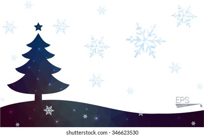 Blue, green postcard low polygon style christmas tree vector illustration consisting of triangles. Abstract polygonal origami or crystal design of New Years celebration. Isolated on white background.
