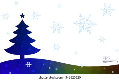 Blue, green postcard low polygon style christmas tree vector illustration consisting of triangles. Abstract polygonal origami or crystal design of New Years celebration. Isolated on white background.