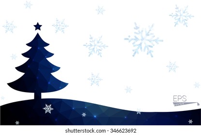 Blue, green postcard low polygon style christmas tree vector illustration consisting of triangles. Abstract polygonal origami or crystal design of New Years celebration. Isolated on white background.