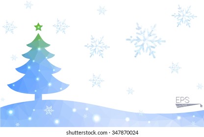 Blue, green postcard low polygon style christmas tree vector illustration consisting of triangles. Abstract polygonal origami or crystal design of New Years celebration. Isolated on white background.