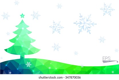 Blue, green postcard low polygon style christmas tree vector illustration consisting of triangles. Abstract polygonal origami or crystal design of New Years celebration. Isolated on white background.