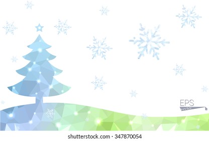 Blue, green postcard low polygon style christmas tree vector illustration consisting of triangles. Abstract polygonal origami or crystal design of New Years celebration. Isolated on white background.
